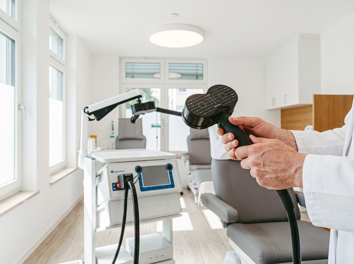 A MagVenture figure-8 TMS coil held in a gloved hand near the headrest of a treatment recliner.