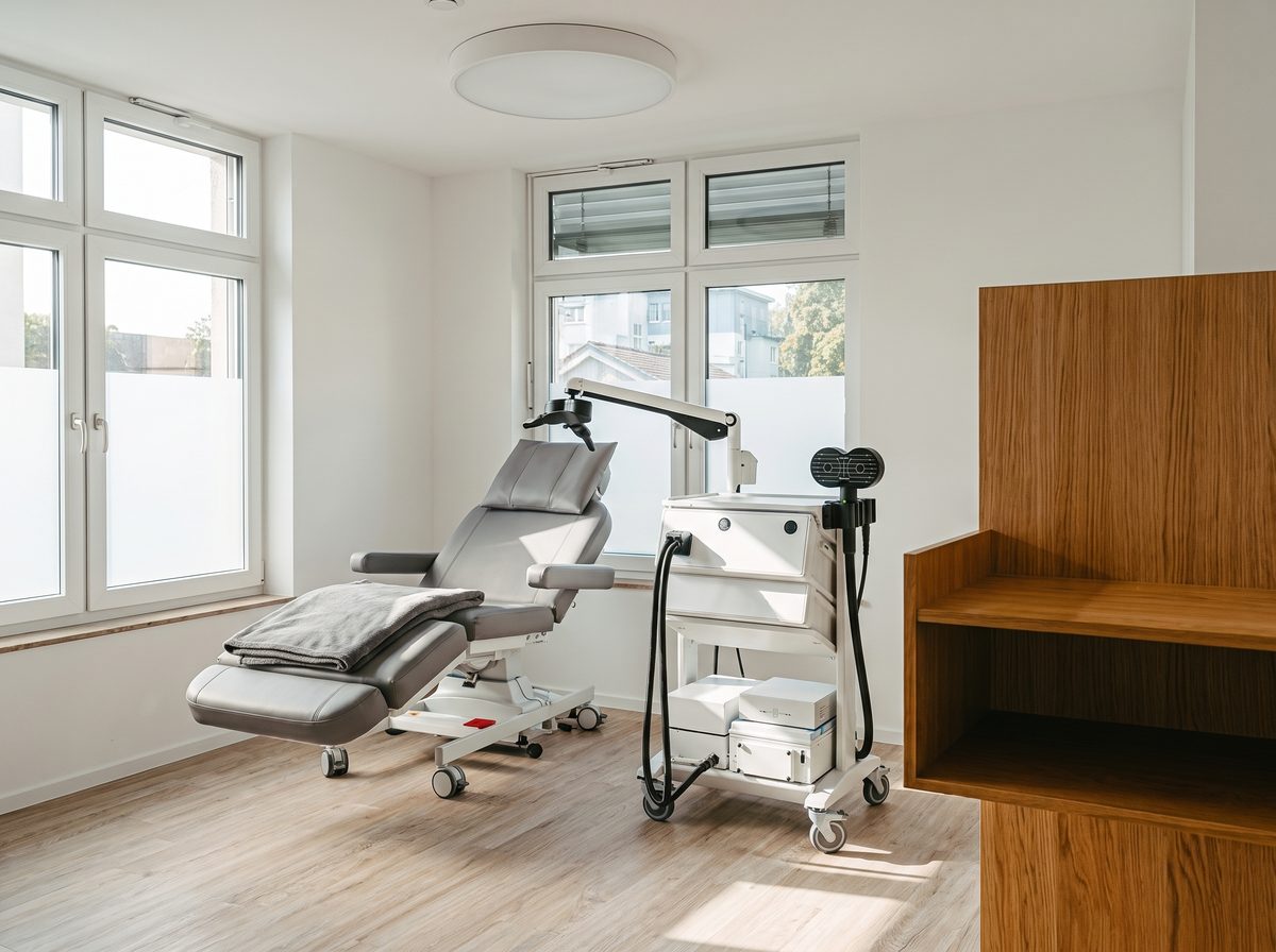 A MagVenture TMS system on a wheeled cart with an articulated arm holding a figure-8 coil beside a treatment recliner in warm daylight.