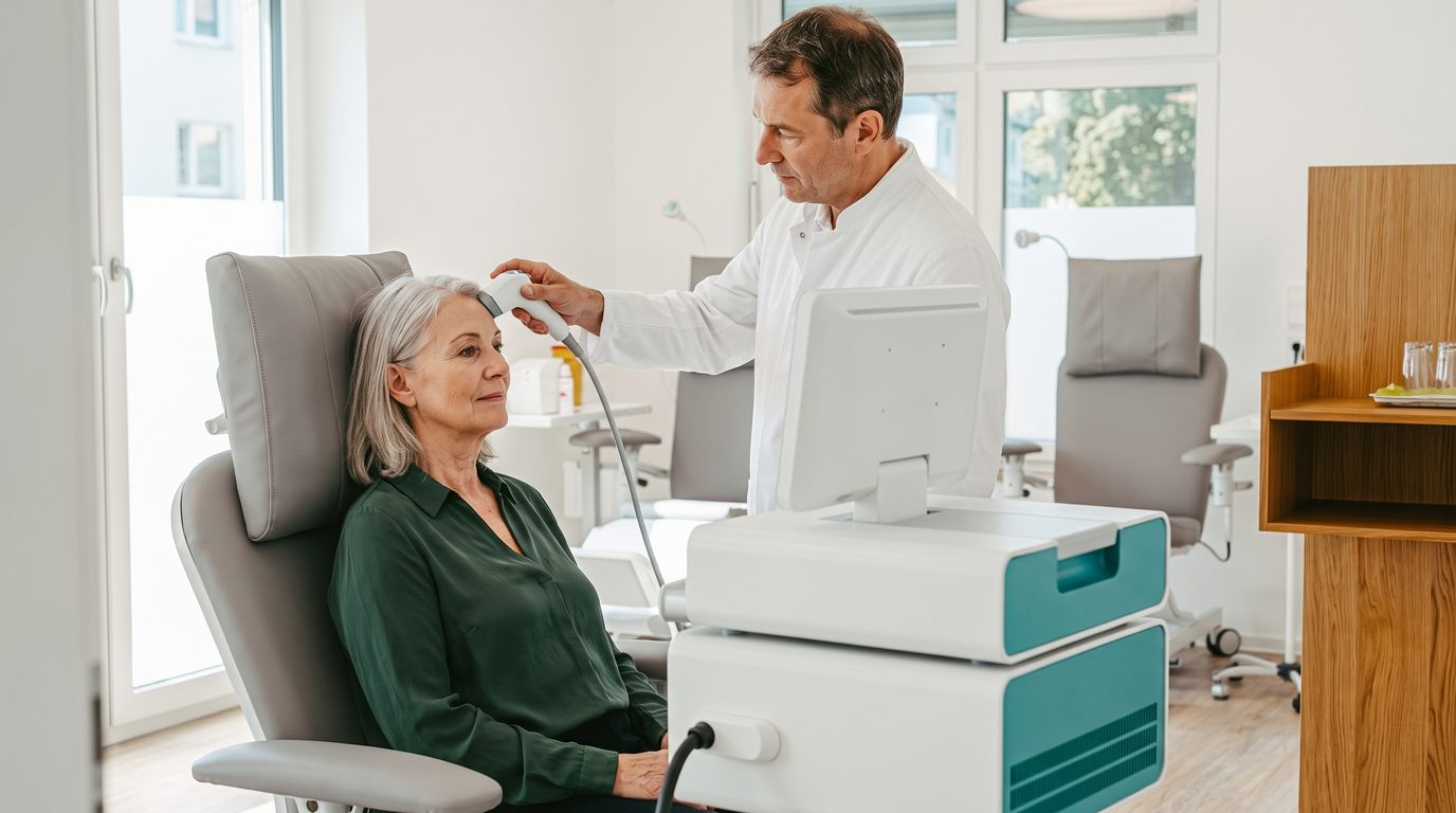 A Storz Neurolith TPS device: a clinician gently guides the hand-held applicator with its standoff spacer over a calm patient’s head, with the Neurolith console on a wheeled cart beside them.