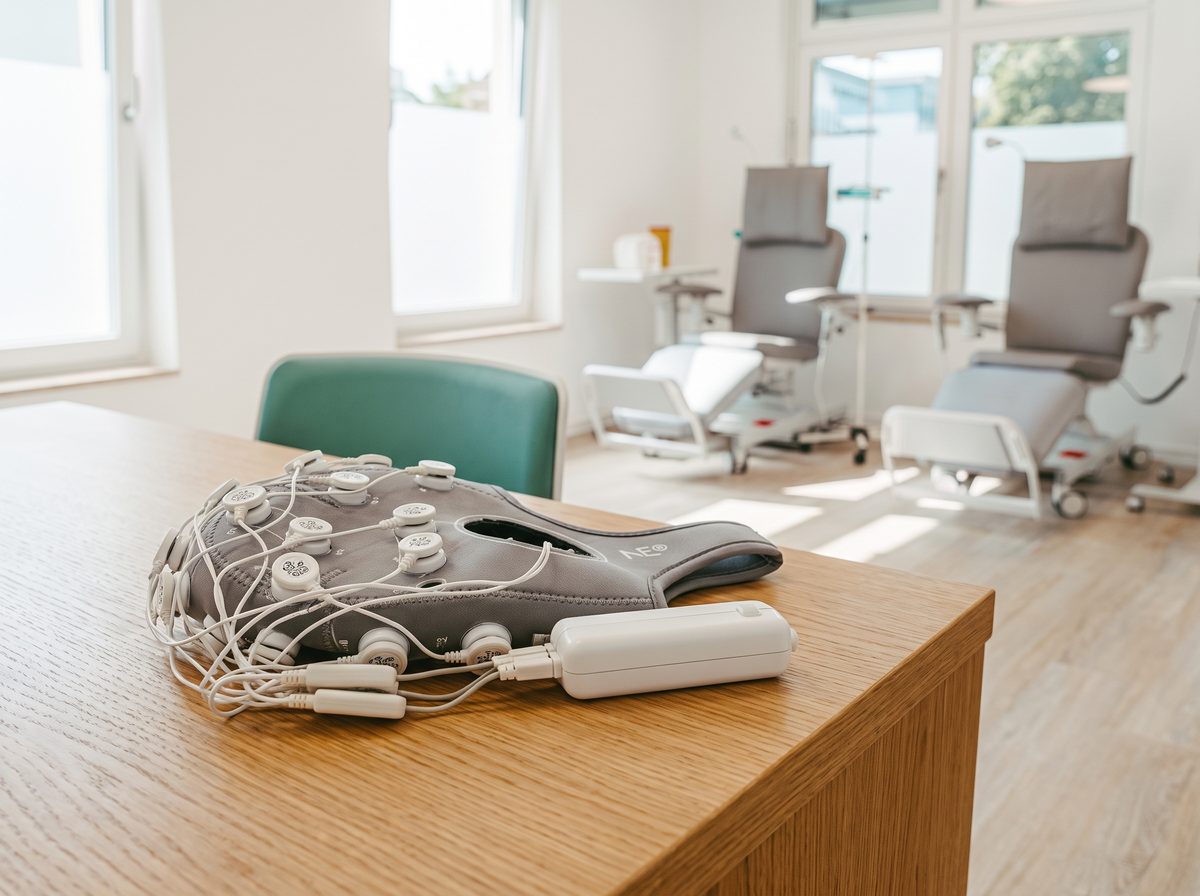 A Neuroelectrics Enobio 32: a lightweight wireless EEG headset with a small control box (NECBOX) and thin leads to 32 sensors, on a pale surface