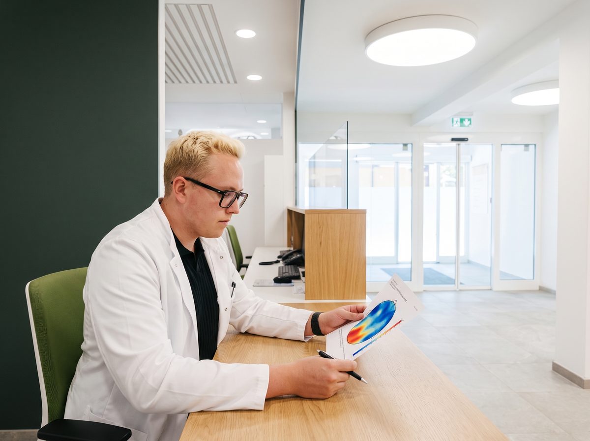 A physician at his desk studying a printed colour brain-map findings report