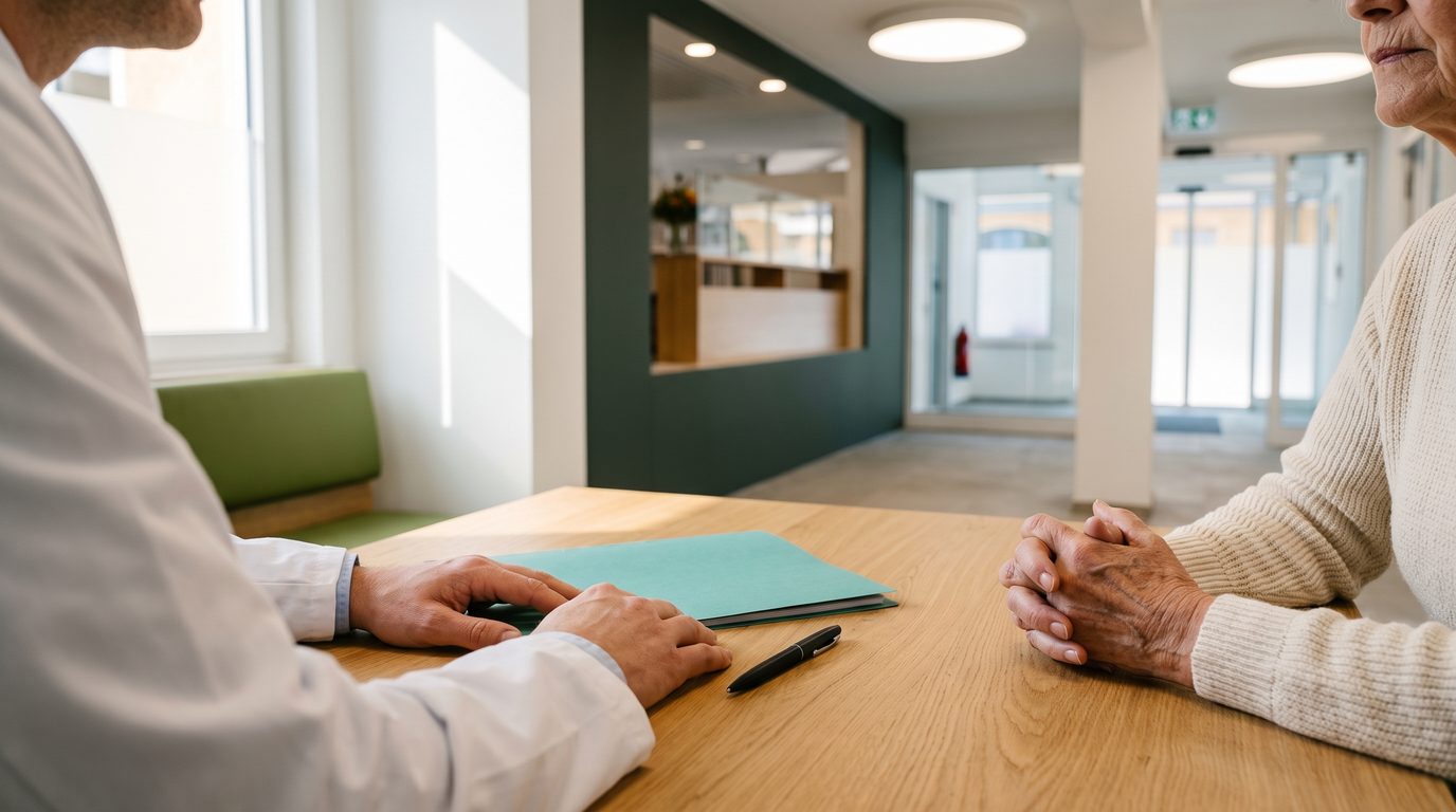 A physician listening attentively to a patient in a bright consulting room, both hands visible, genuine eye contact.