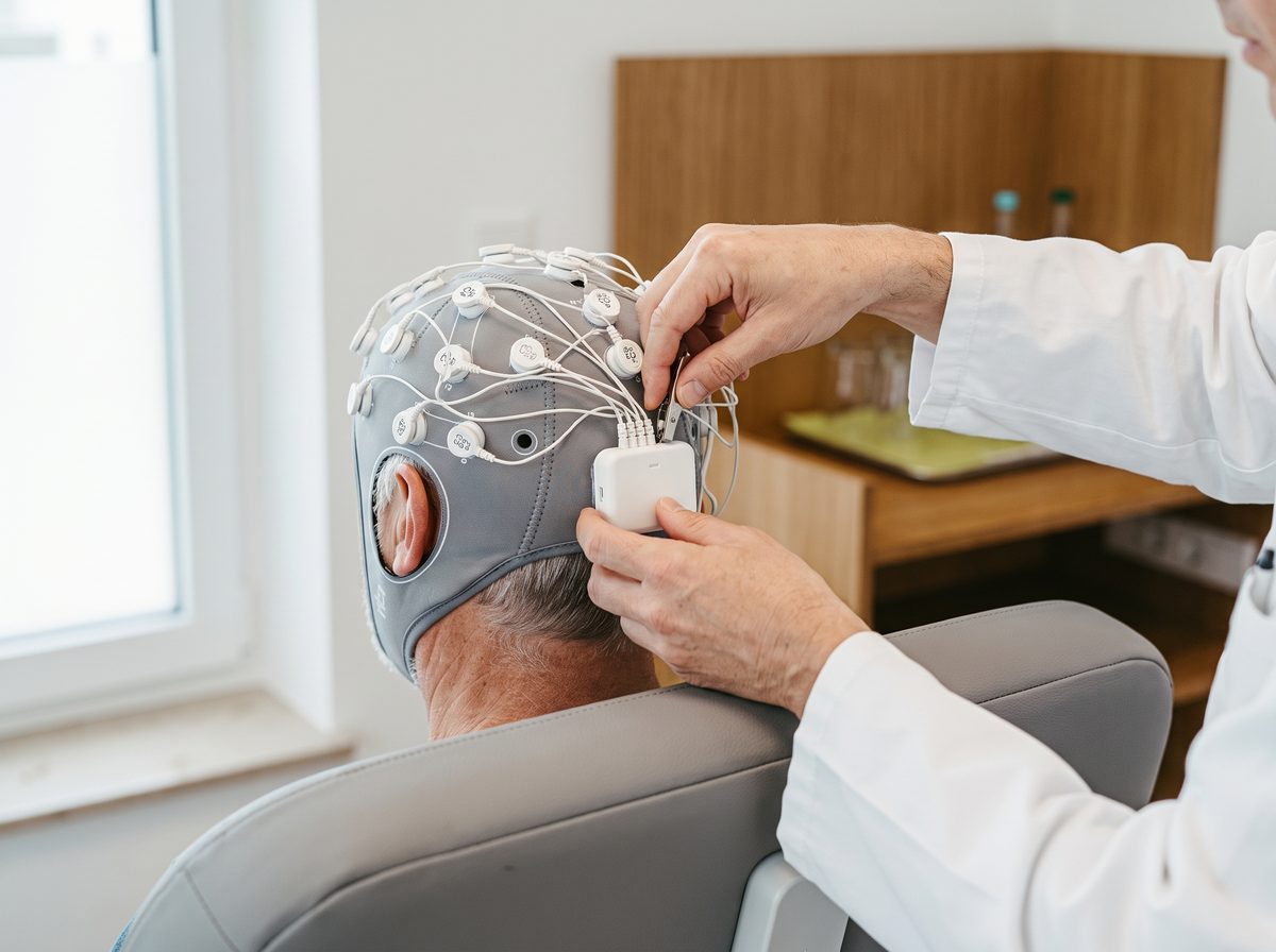 A calm patient in a white EEG cap beside a colour brain-topography map on a monitor.