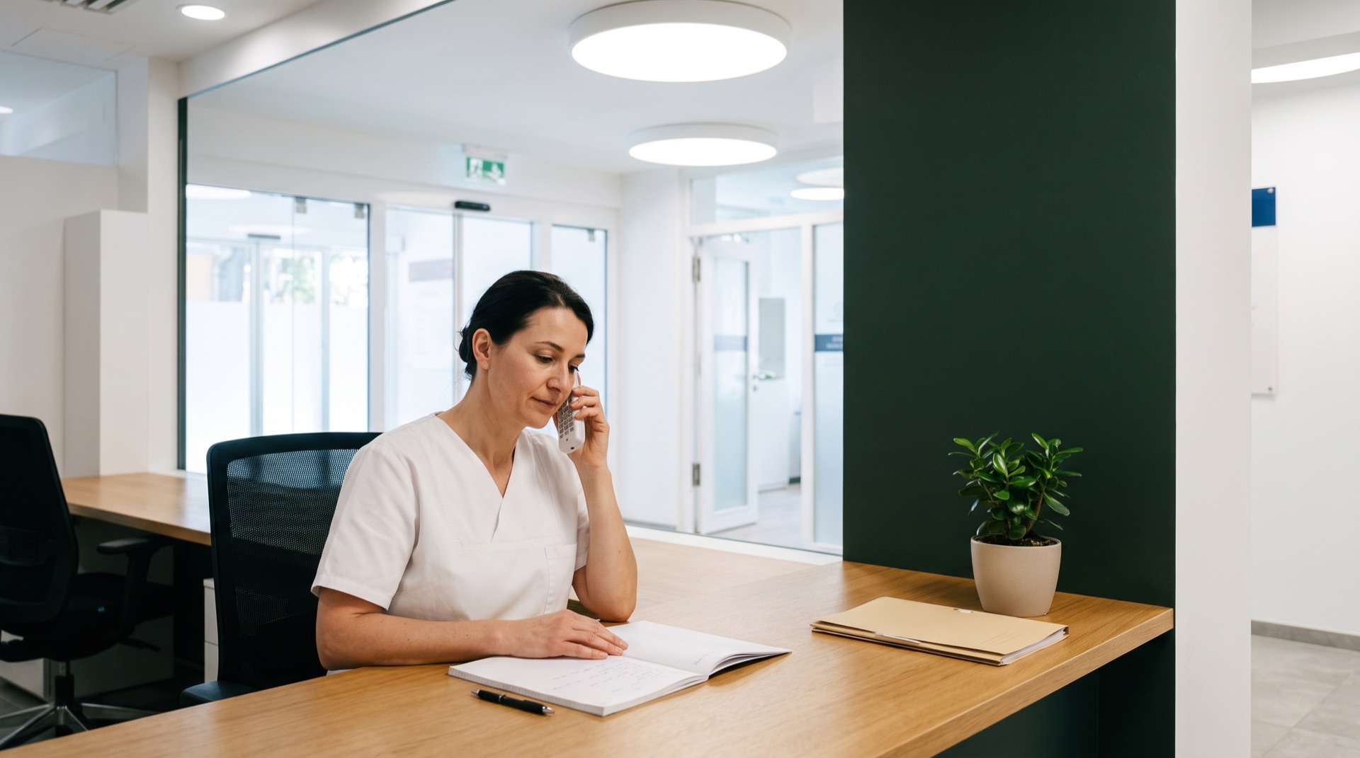 A member of the medical team on the phone at the reception of Clinicum St. Georg, taking notes.