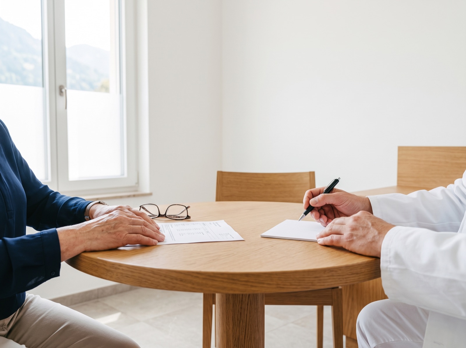 Two people in conversation at a table, one listening attentively.
