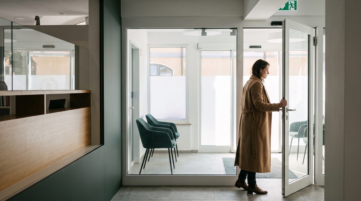 An open door into a bright, calm consultation room with morning light.