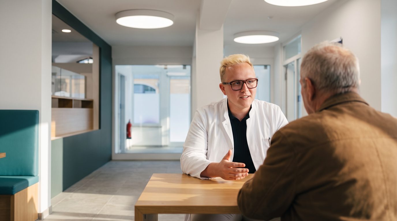 Dr. med. univ. Julian Douwes in a calm, attentive conversation with an older patient at a bright clinic table.