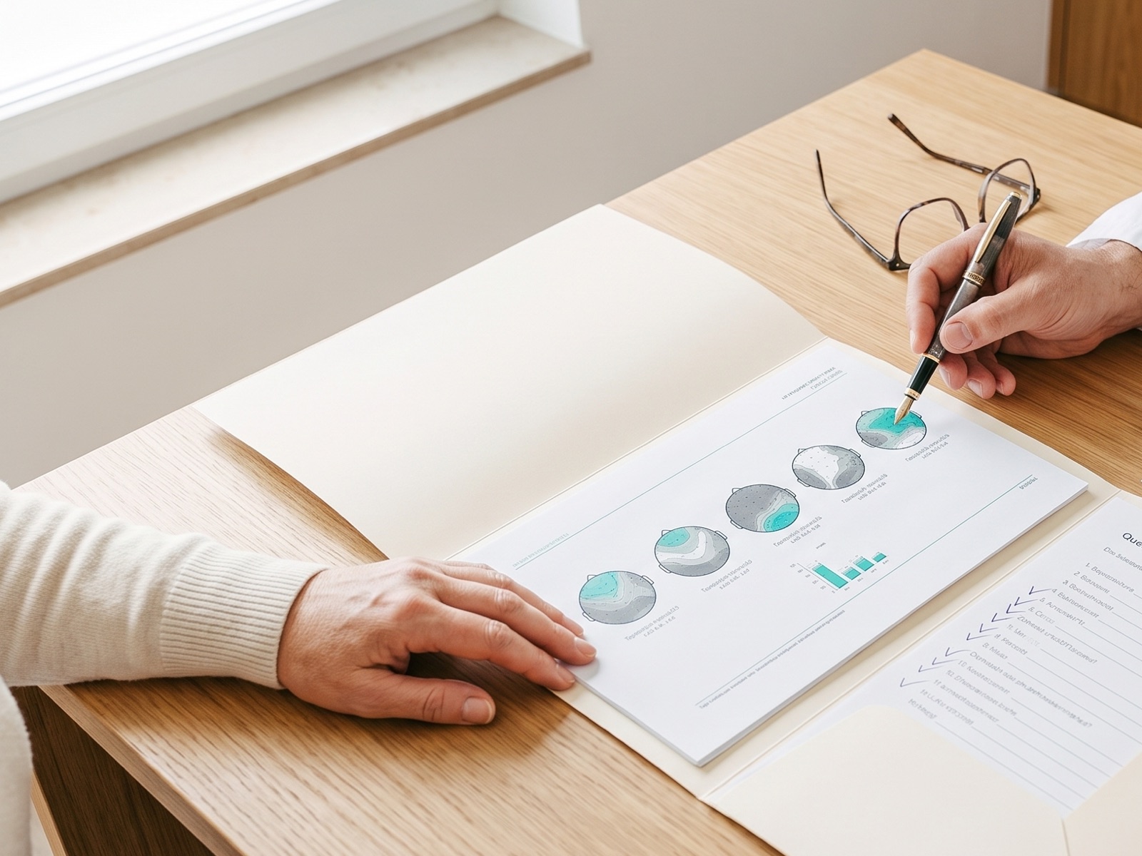 A findings report with brain maps lies open on an oak table; the physician's hand points a pen at one map, the patient's hand rests beside it.