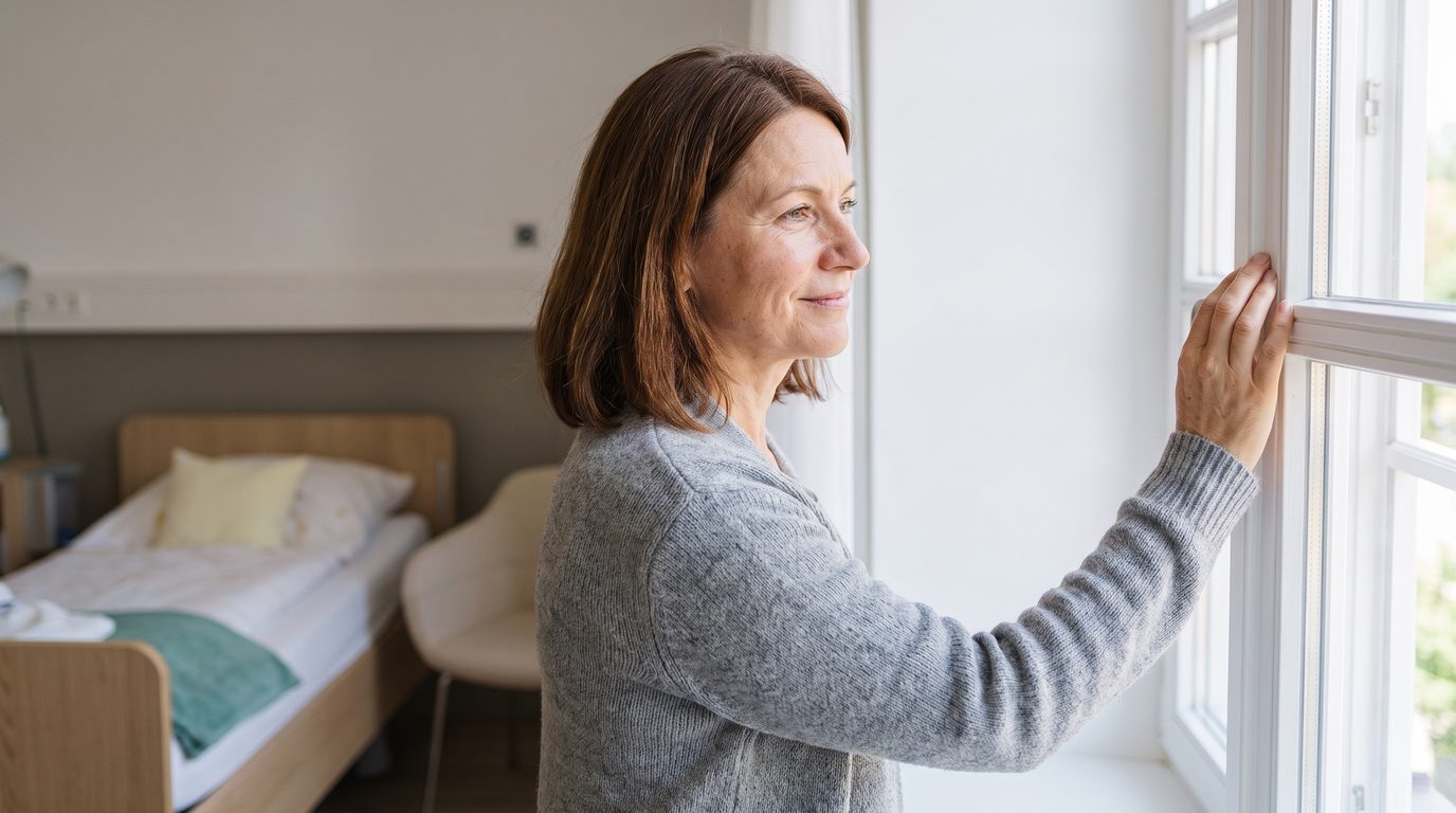 A tired but visibly relieved man in his early 50s sits by the bright window of a calm clinic.