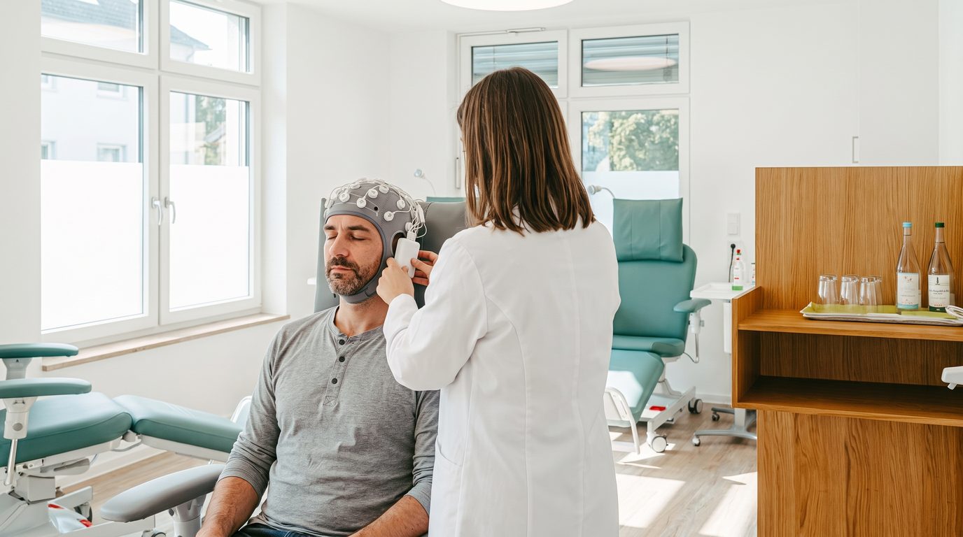 A wireless Neuroelectrics Enobio EEG headset with its small NECBOX control box being gently fitted onto a calm patient’s head.