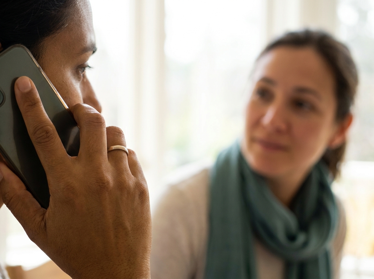 A hand holding a phone to the ear; at the other end, someone from the medical team listens.