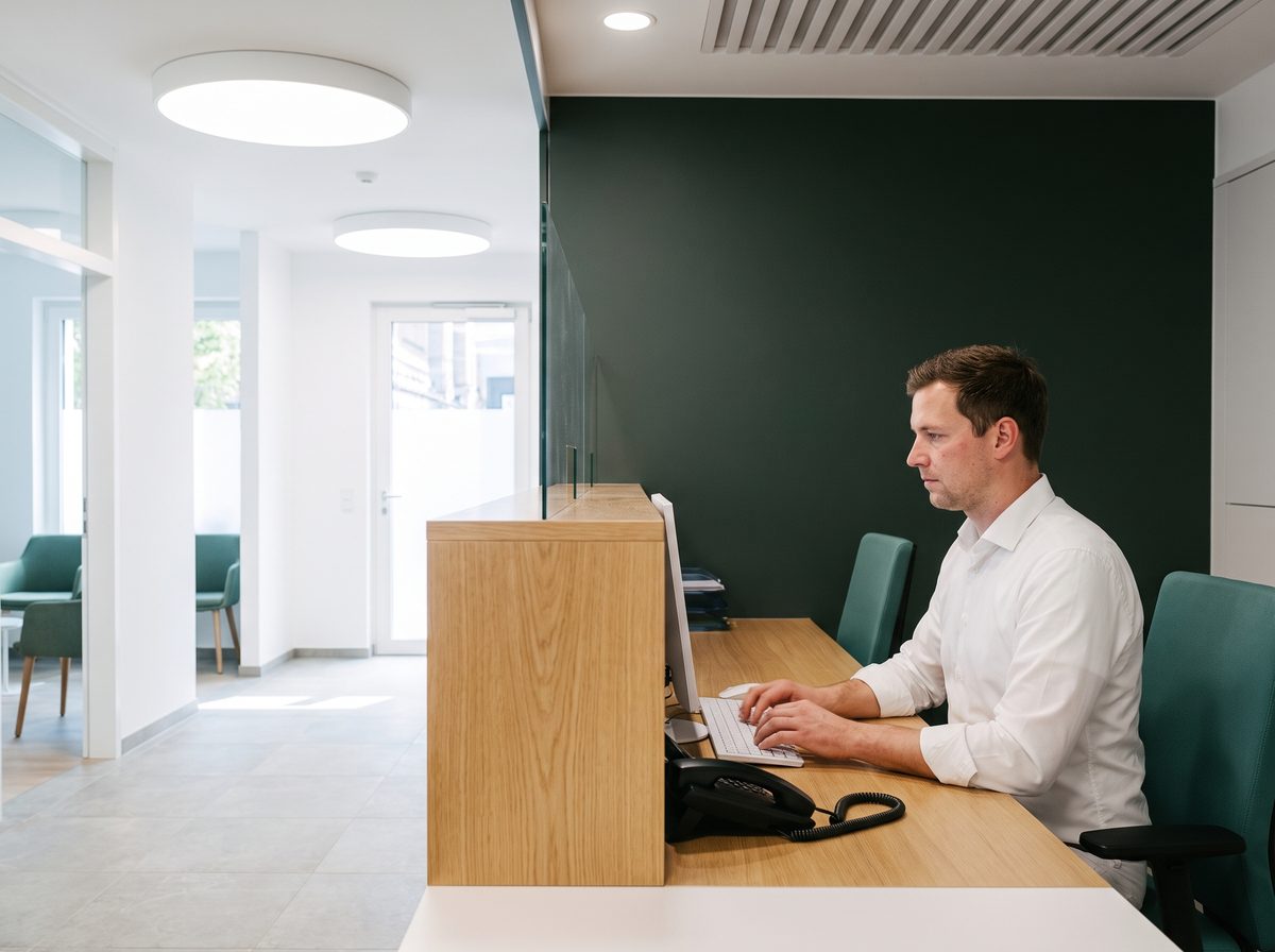A clinician reading a patient’s message at a calm, sunlit desk.