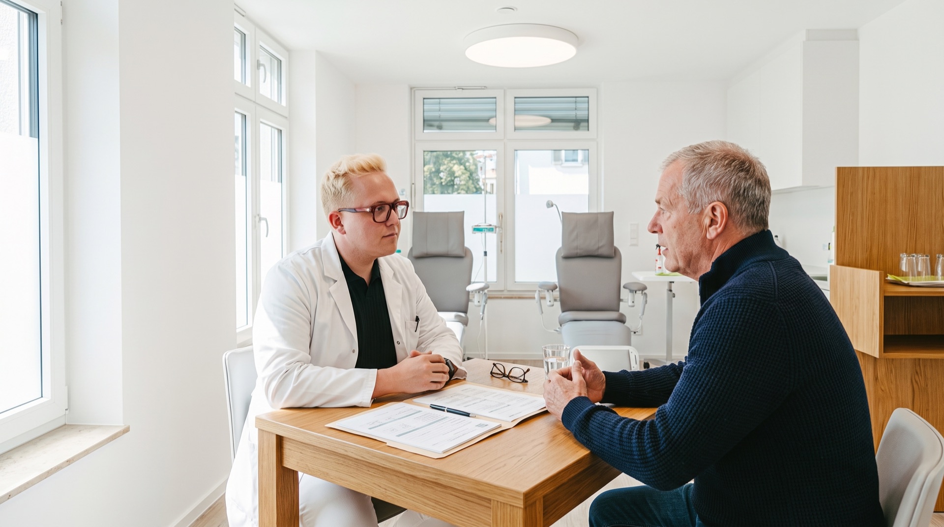 Dr. med. univ. Julian Douwes in conversation with a patient at the wooden table of a treatment room at Clinicum St. Georg, papers and glasses on the table.