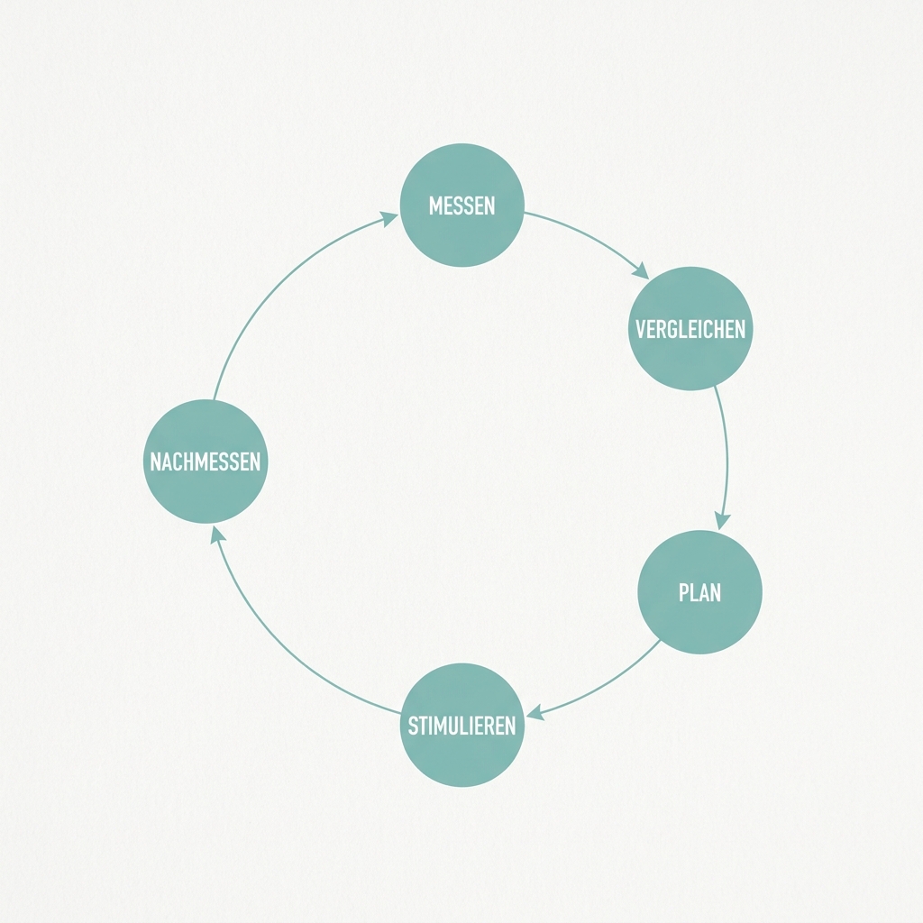 The closed loop of our method: measure, compare, plan, stimulate, re-measure.
