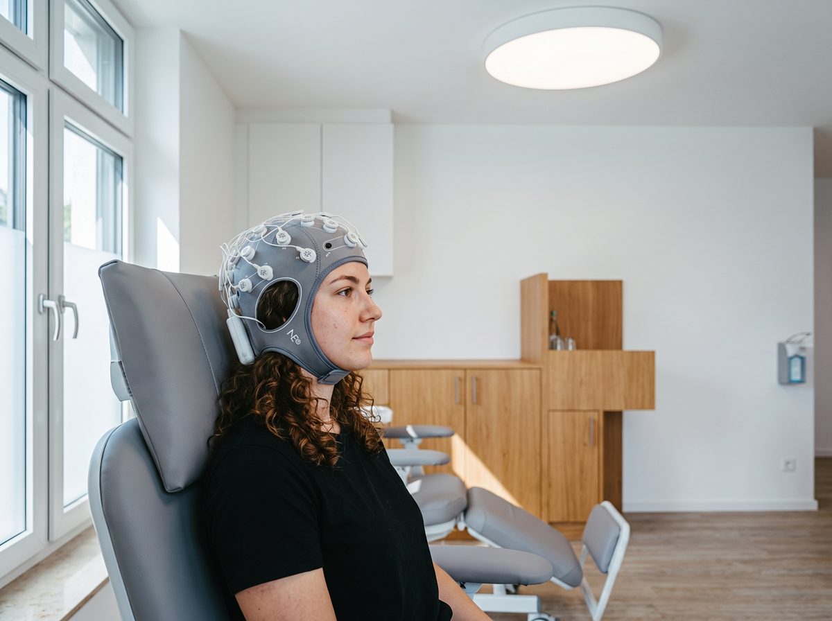 A wireless Neuroelectrics Enobio EEG headset on a calm seated patient: the measurement everything starts with.