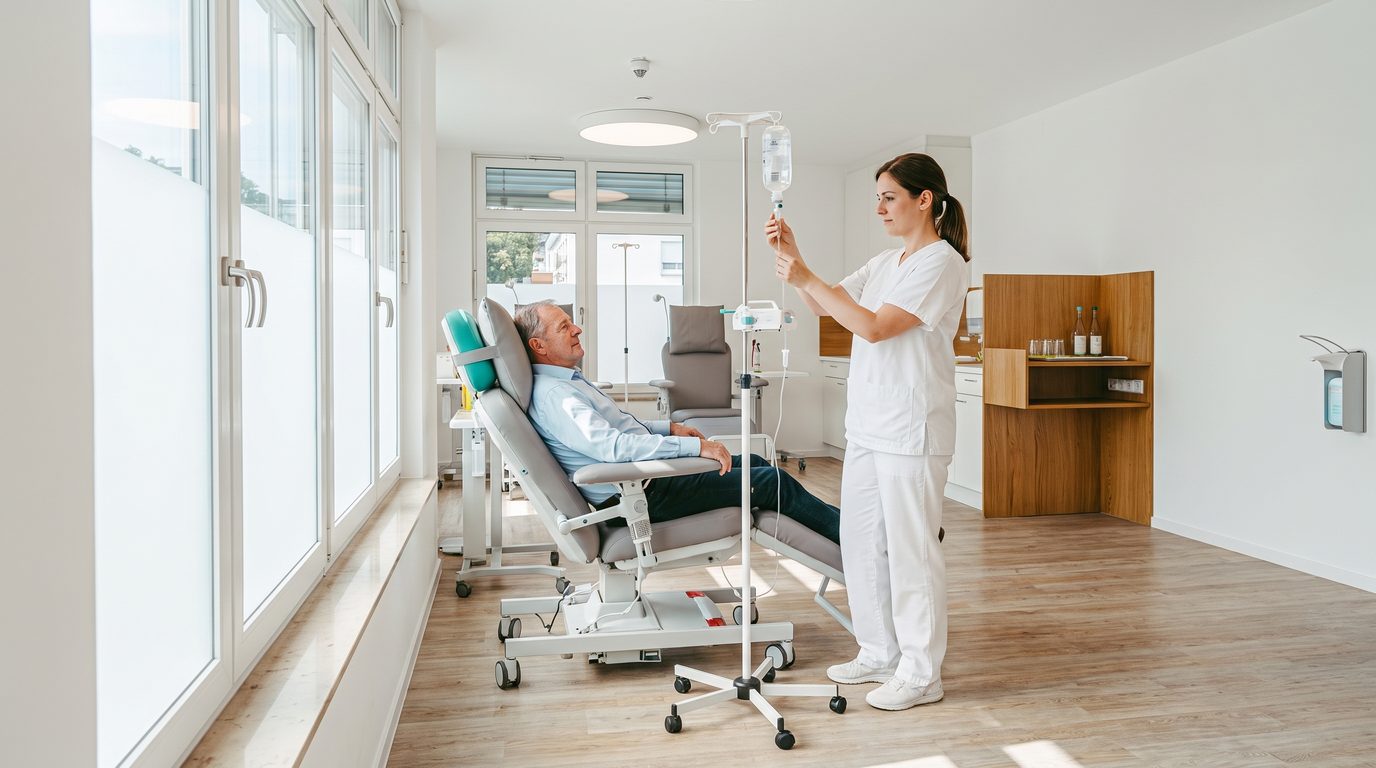 A patient receives a calm micronutrient infusion, with the medical team in the room.