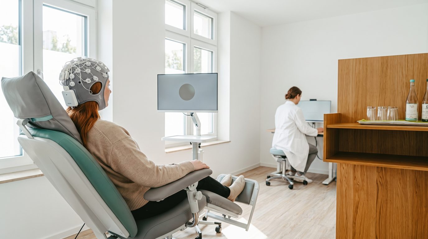 Neurofeedback session: a person trains their own brain activity wearing a wireless Neuroelectrics Enobio EEG headset.