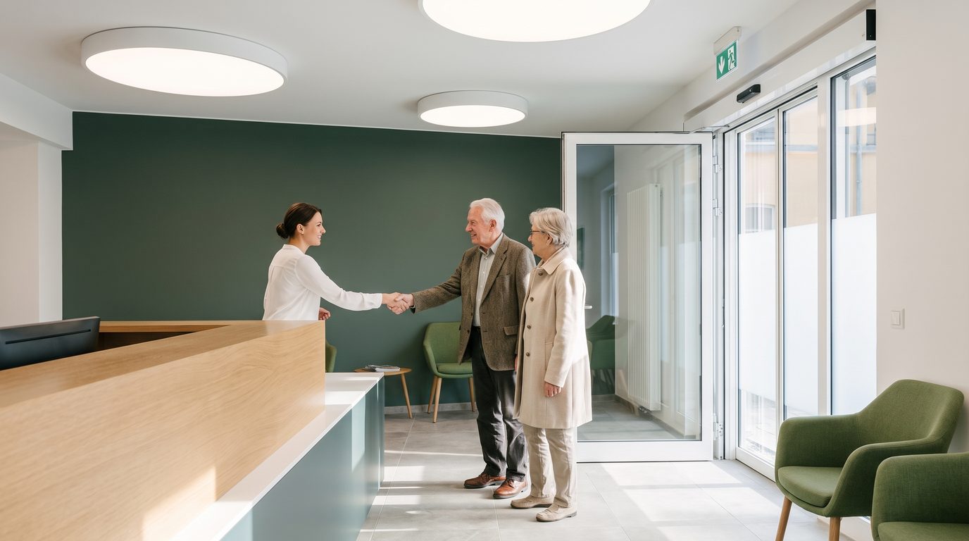 Bright, welcoming reception of the Douwes Brain Center in Bavarian daylight.