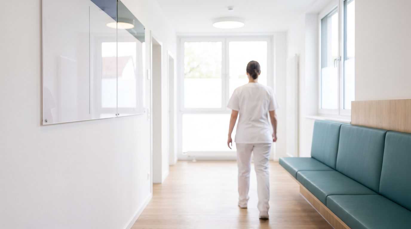 A bright, quiet clinic corridor in daylight with warm wood tones